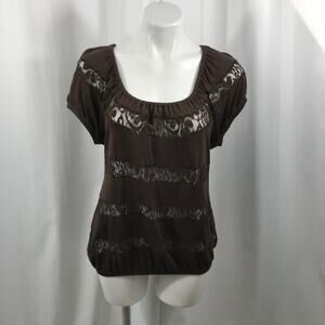 INC International Concepts Blouse Sheer Lace Block Brown Cap Sleeves Sco